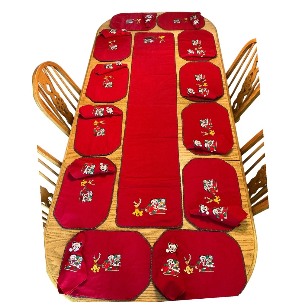 Disney Christmas Table Linens Set 37pc Mickey Donald Pluto Runner Placemats Red